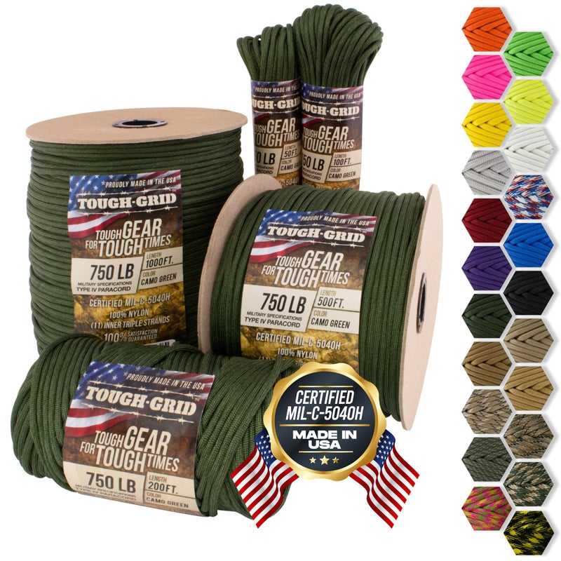 TOUGH-GRID 750 Paracord Rope Nylon Parachute Cord, Made in USA Survival Kit, Outdoor Adventures, Camping, Tactical Gear & Emergency Supplies, Military Type IV Mil-Spec - Image 1